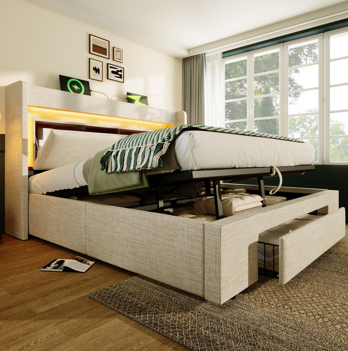 BETT mit Stauraum und LED 140x200 cm Beige mit Matratze - Beige, Metall (140/200cm) - Meubliv