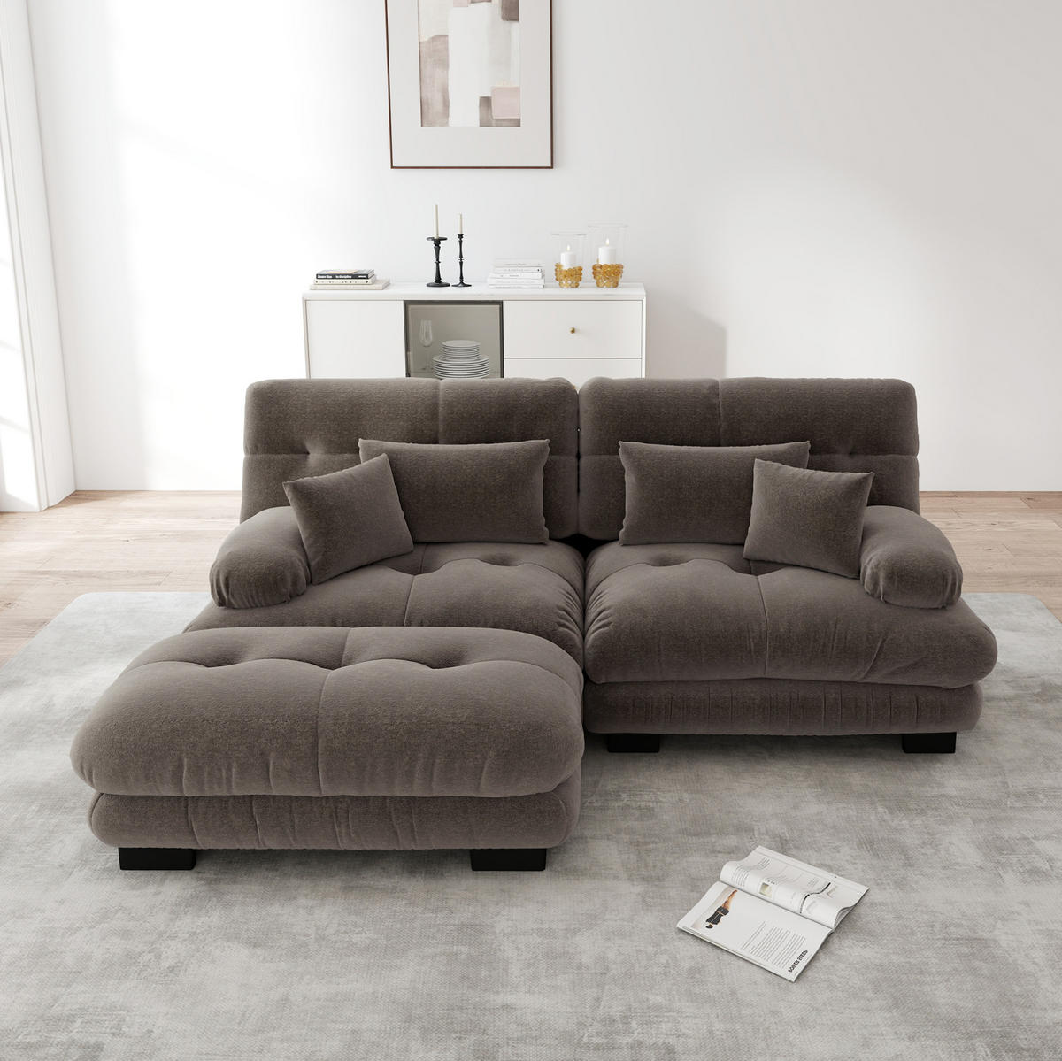ECKSOFA aus Chenille 145x220x81 cm in Braun mit Ottoman - Braun, Textil (145/220cm) - Modfu