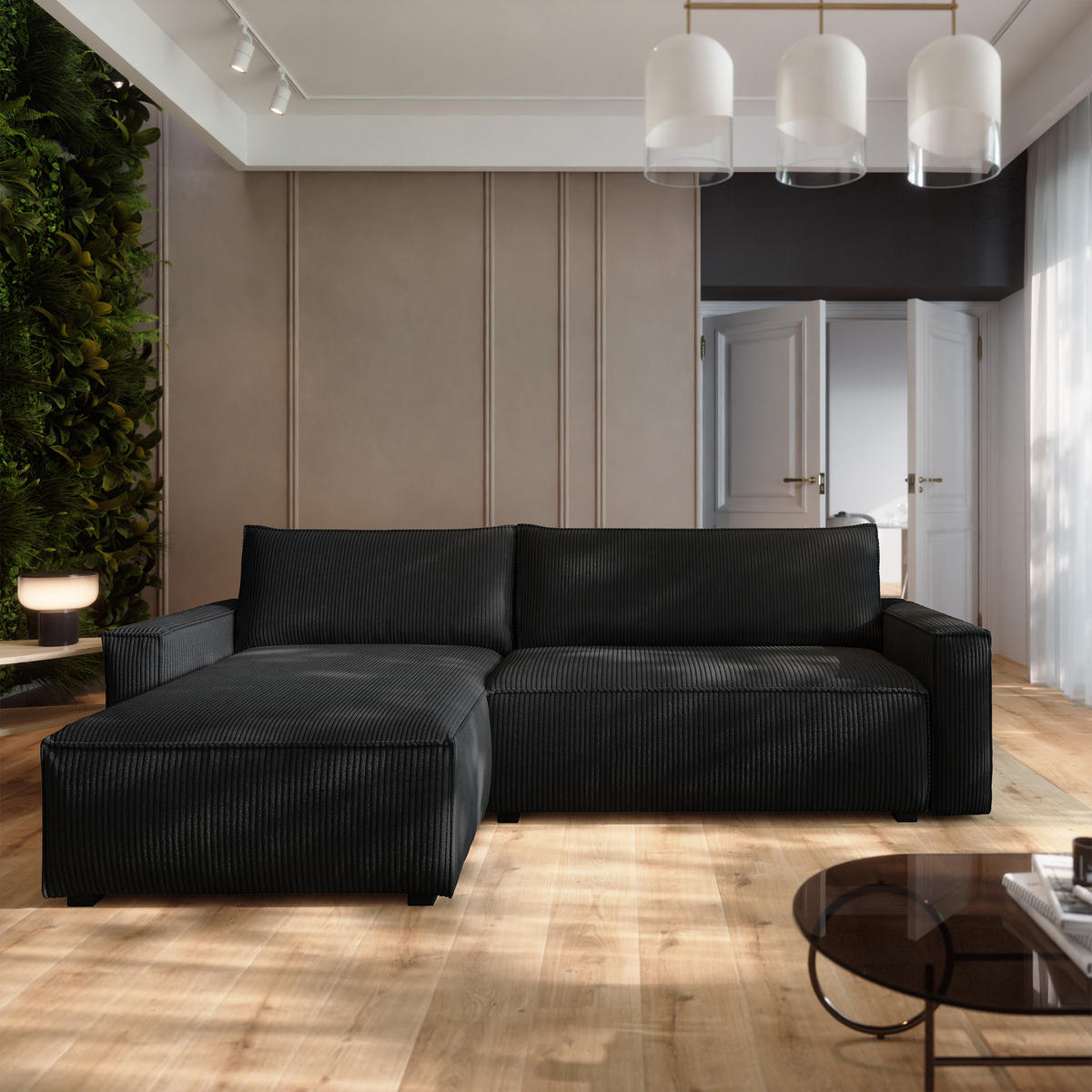 ECKSOFA BESMIR Schwarz Kordstoff mit Schlaffunktion - Schwarz, Holz (275/148cm) - MASSENO