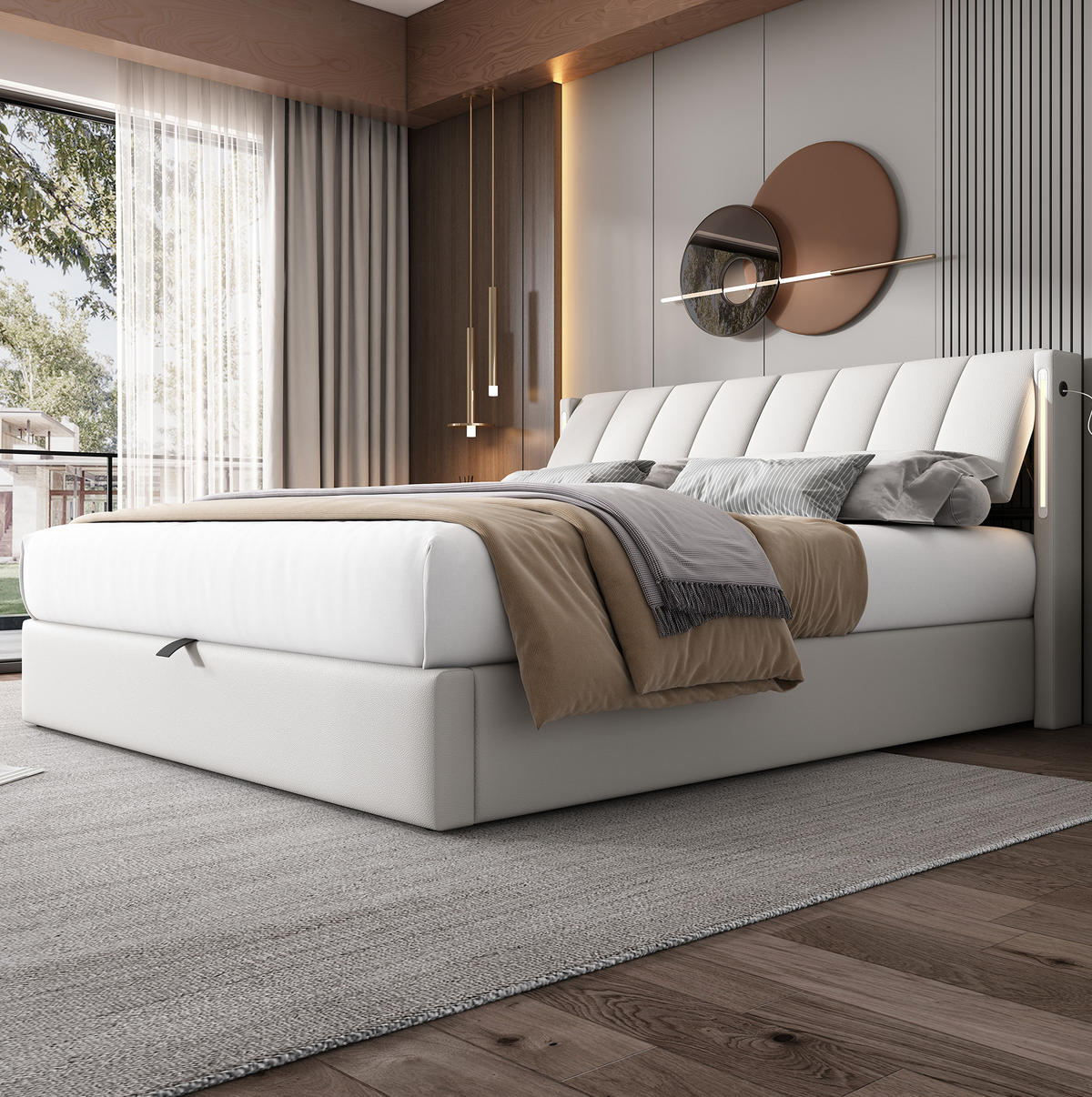 BETT mit Stauraum und LED 160x200 cm PU Weiß - Weiß, Metall (160/200cm) - Meubliv