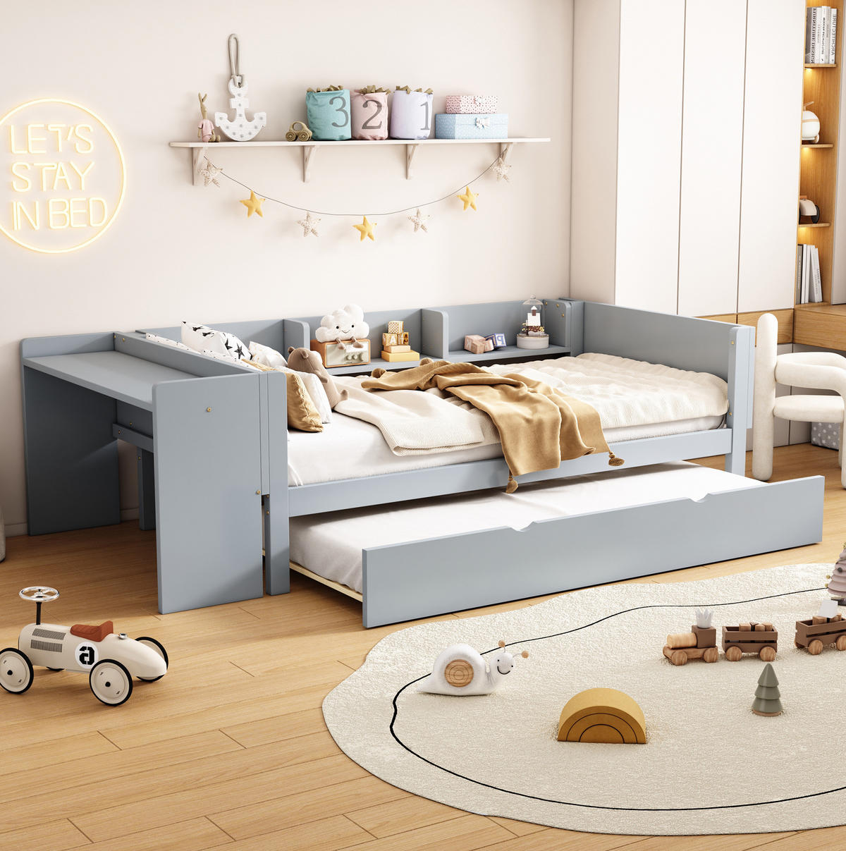 POLSTERBETT 90/200 cm Grau aus Kiefernholz und MDF mit Ausziehbett und Schreibtisch - Grau, Holz (90/200cm) - OKMYHOME