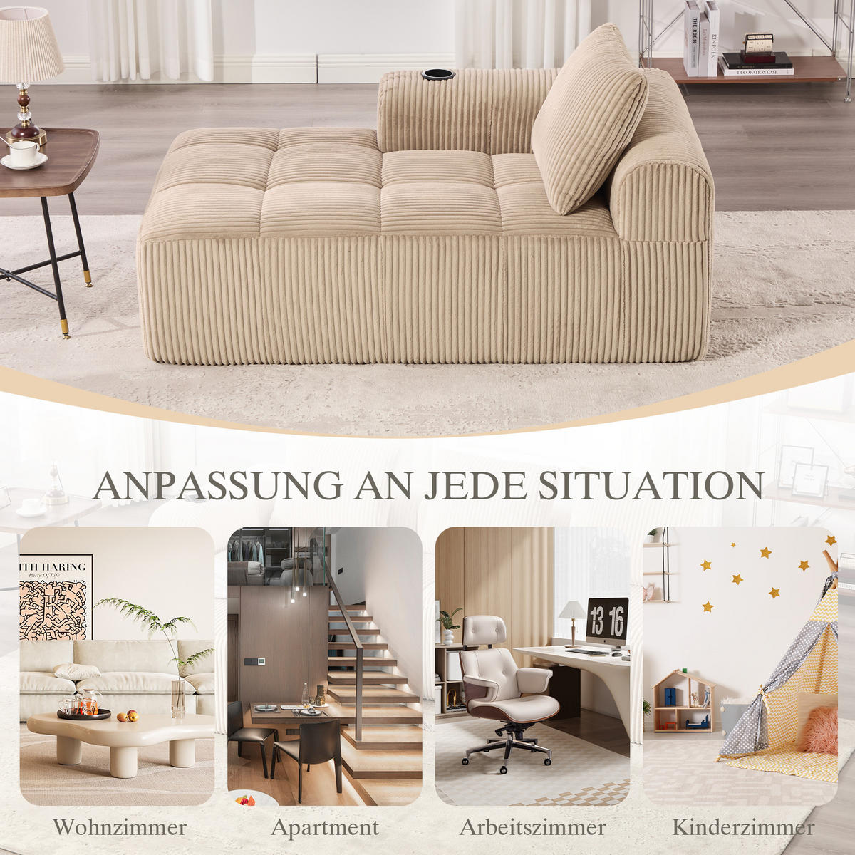 CHAISELONGUE in Cord (158 cm) mit Getränkehalter & Seitentaschen - Taupe, Textil (158/61/93cm) - Urban Meuble