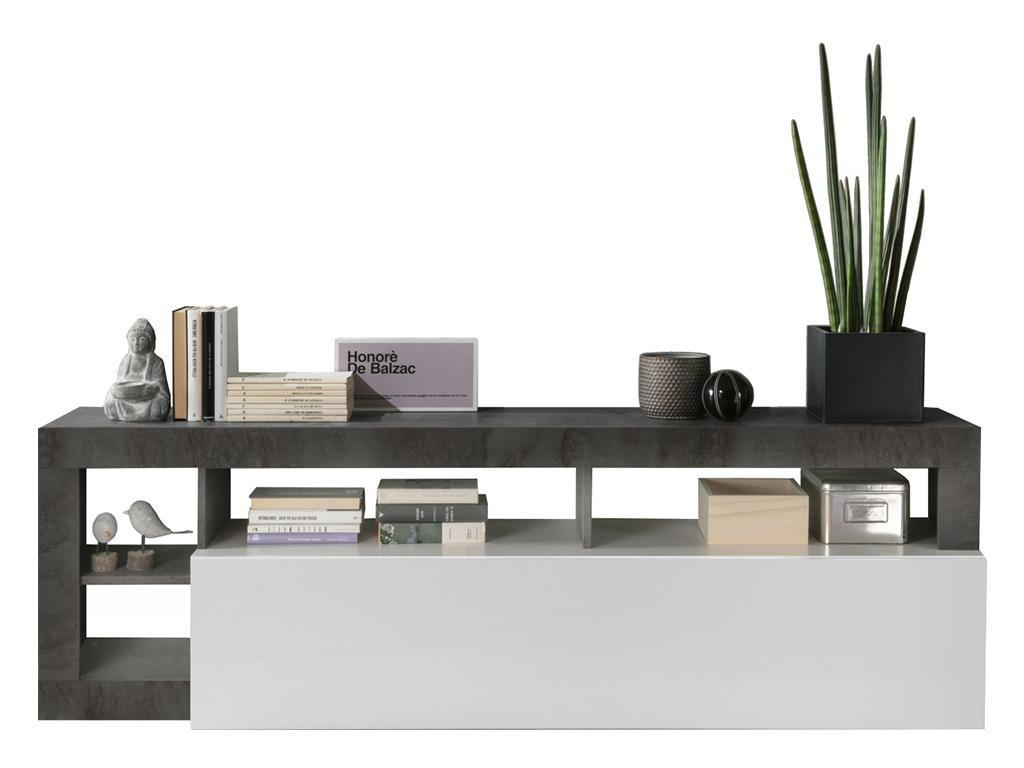 TV-MÖBEL mit 1 Tür & 4 Ablagen - Weiß lackiert & Beton-Optik - SEFRO - Grau, Holz (42/58/184cm) - Vente-Unique