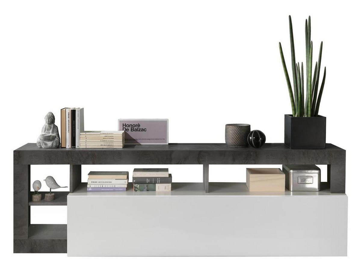 TV-MÖBEL mit 1 Tür & 4 Ablagen - Weiß lackiert & Beton-Optik - SEFRO - Grau, Holz (42/58/184cm) - Vente-Unique