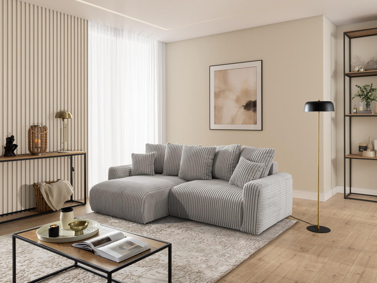 ECKSOFA Calma mit Schlaffunktion und Bettkasten im Bumpy-Design aus weichem Taupe Plüschcord - Ottomane links - Taupe/Schwarz, Holz/Kunststoff (239/140cm) - S-Style