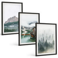 BILDER SET 3er Set - 40x60 cm Schwarzer Rahmen - Berge, See, Hütte, Nebel - Schwarz, Kunststoff (40/60cm) - TULUP