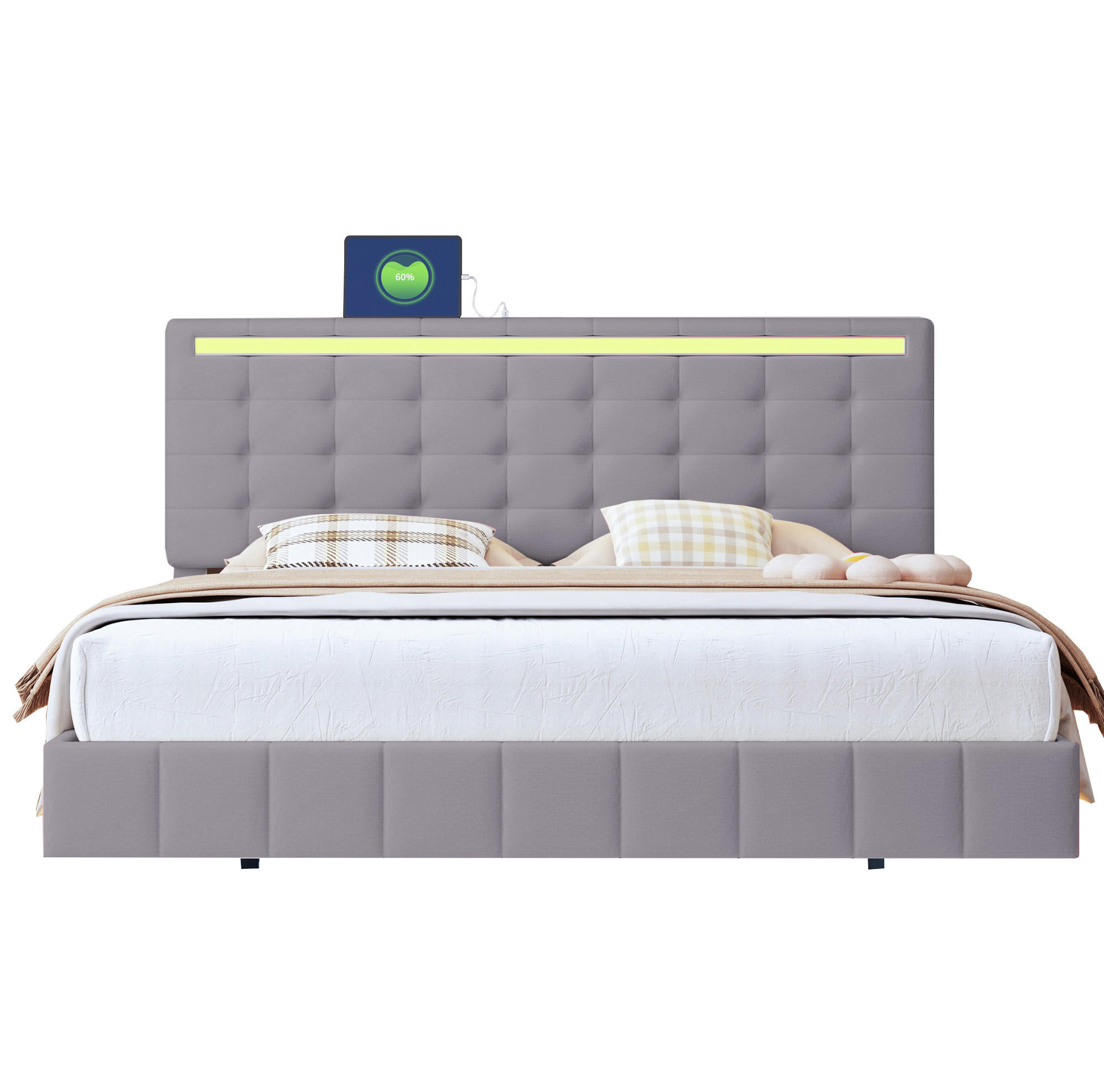 POLSTERBETT 160/200 cm grau mit LED-Beleuchtung und Kopfteil-Design - Grau, Textil (160/200cm) - OKWISH