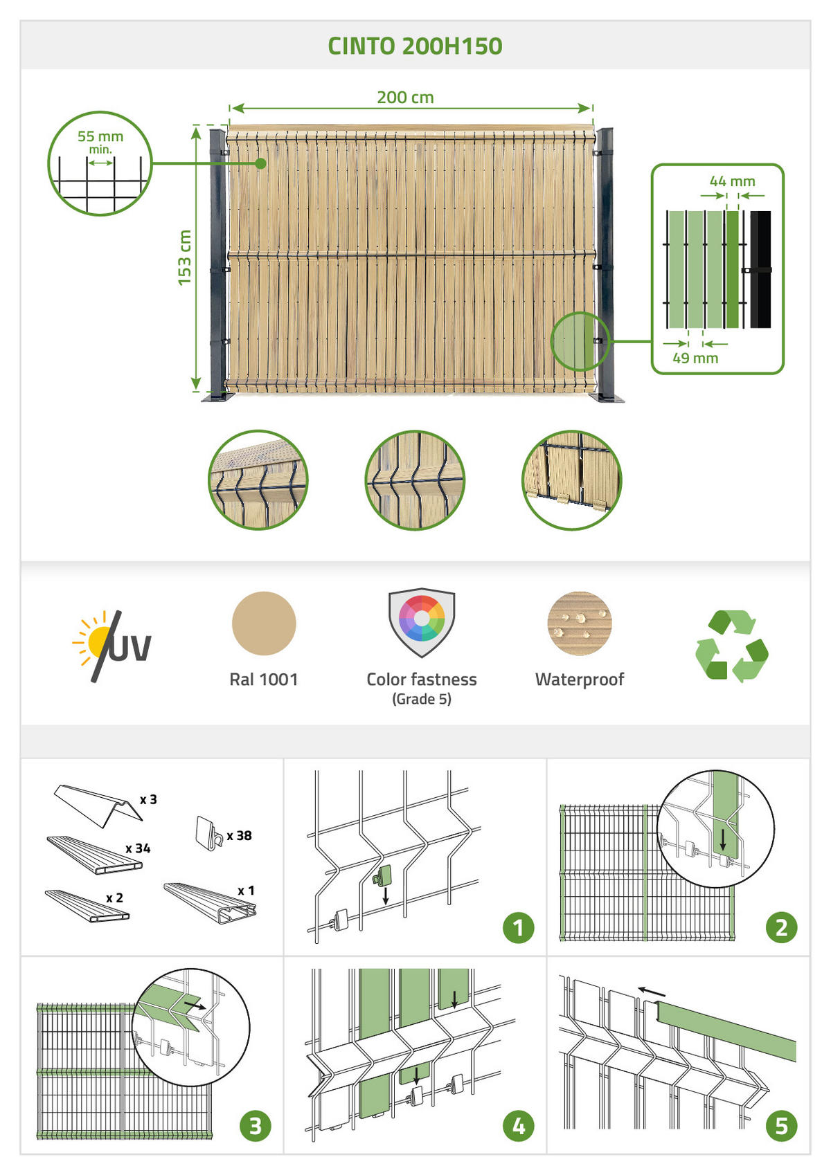 PVC-SICHTSCHUTZLAMELLEN-STEIF-SET Cinto beige 2m H.150cm - Mit clips und Endprofil - Beige, Kunststoff (200/153cm) - Casanoov