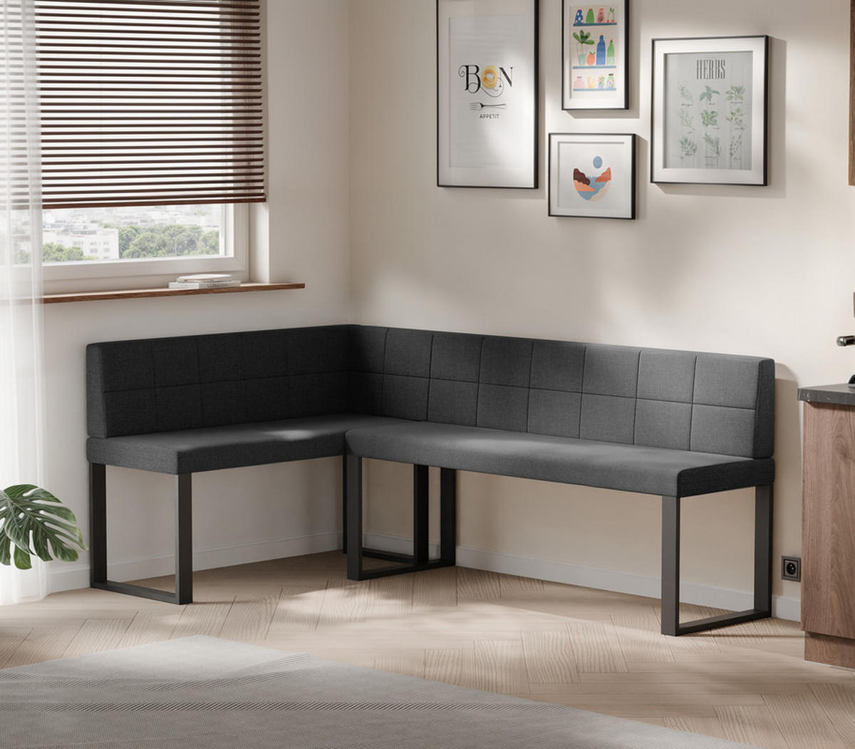 ECKBANK links SANA U Webstoff gesteppt, 142/196 cm Anthrazit - Anthrazit, Textil/Metall (142/196cm) - Idohome