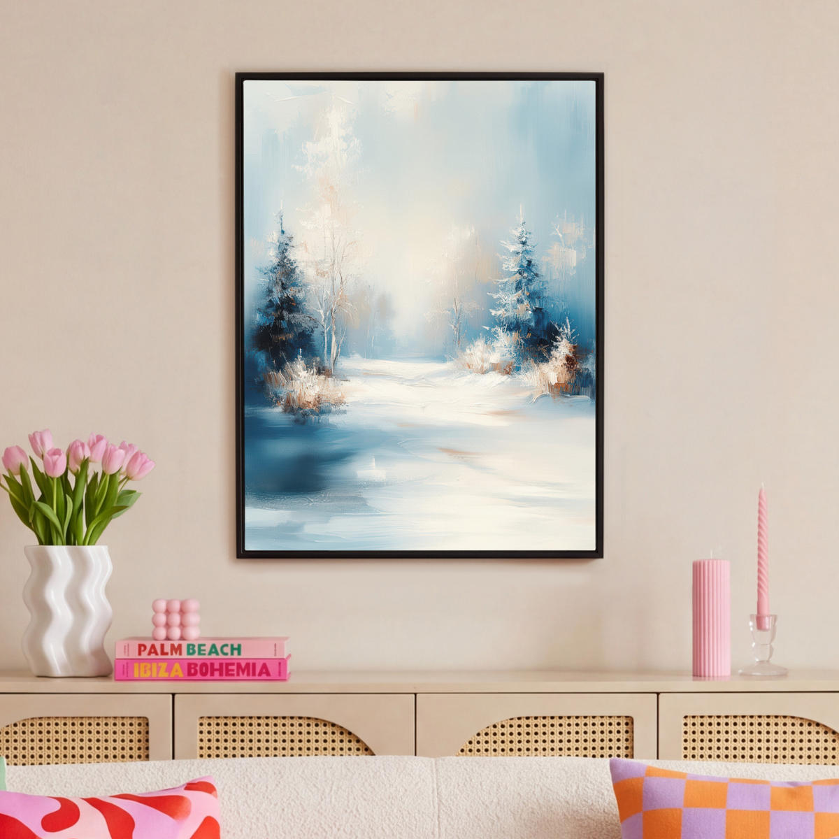 LEINWAND Bilder mit Rahmen - Wald – Winter – Natur – Abstrakt – Schnee - 70x100 - Weiß, Textil (70/100cm) - MuchoWow