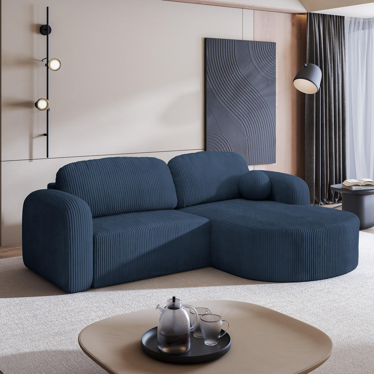 ECKSOFA AMILIA P R-S Blau Kordstoff mit Schlaffunktion - Blau, Holz (263/174cm) - MASSENO