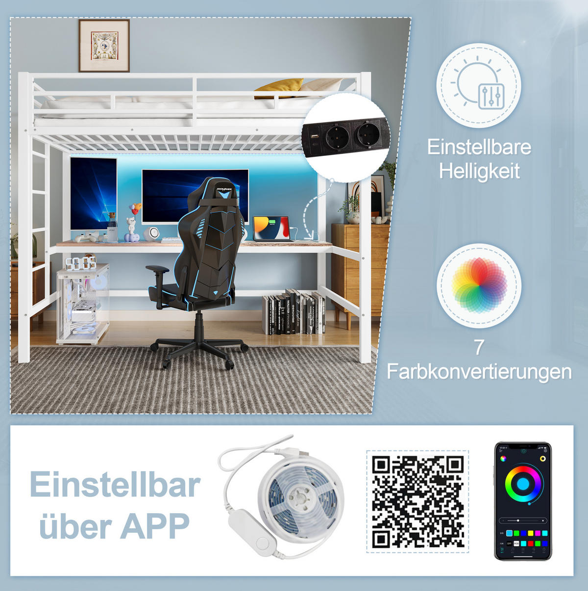 HOCHBETT 90/200 cm, Weiß mit Lerntisch, Trittleiter und Geländer - Weiß, Metall (90/200cm) - MIVRAY