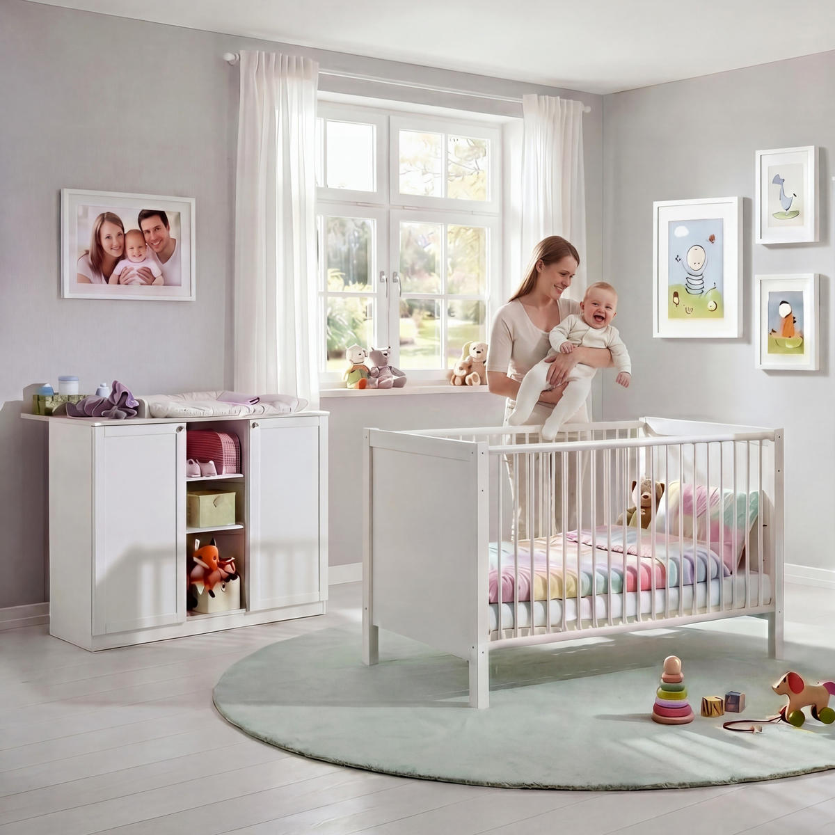 BABYZIMMER-SET 2-tlg.: Babybett & Wickelkommode mit Soft-Close-Funktion, Landhausstil Weiß / 22800 - Silberfarben/Weiß, Holzwerkstoff/Metall (76/83/146cm) - luma-home