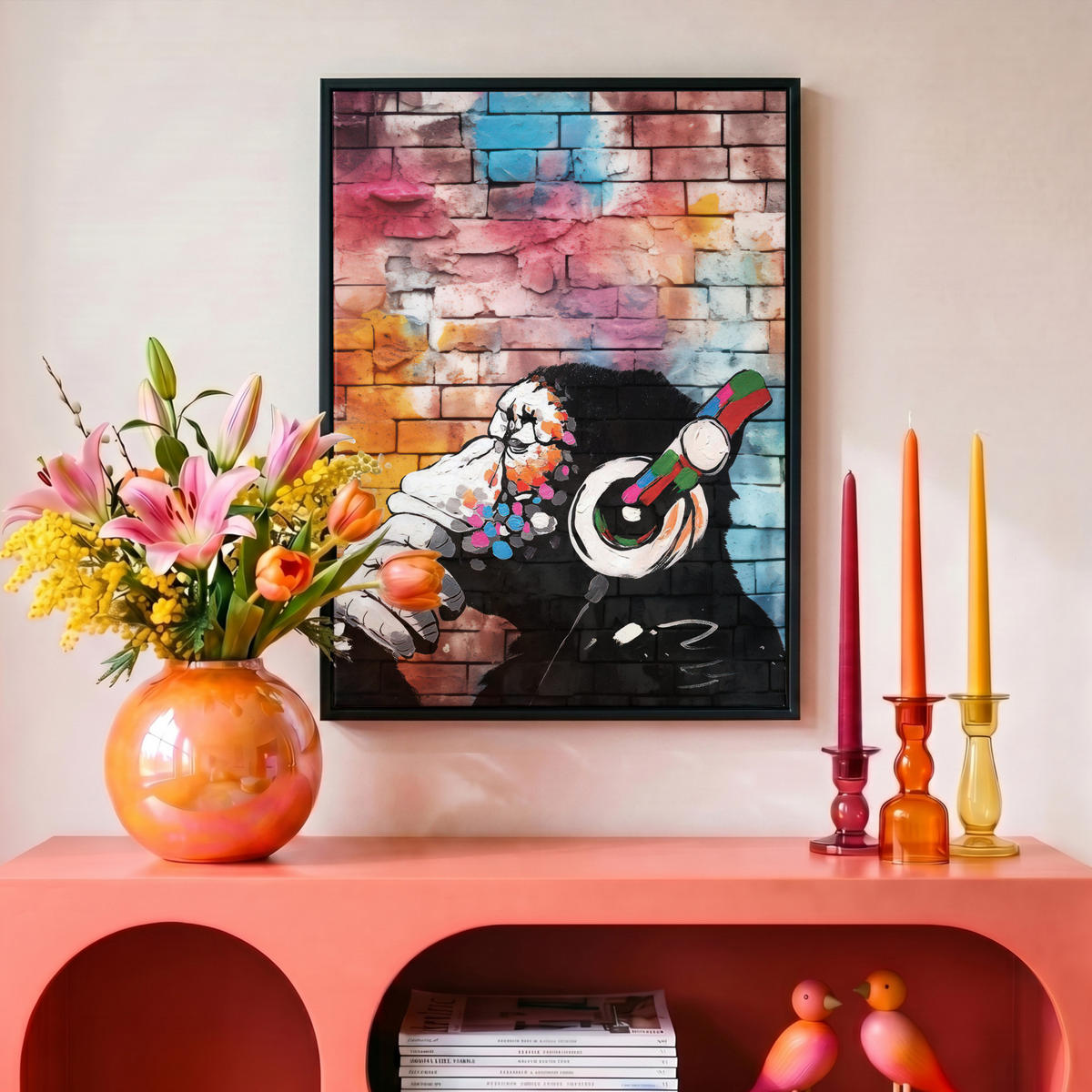 LEINWAND Bilder mit Rahmen - Affe - Graffiti - Musik - 30x40 - Multicolor, Textil (30/40cm) - MuchoWow