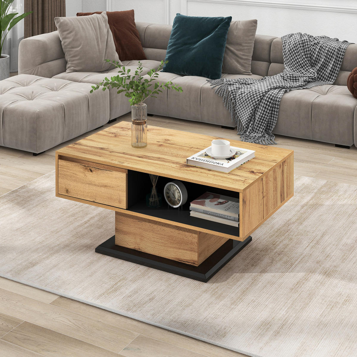 COUCHTISCH Holzmaserung Grifflose Schublade Doppelseitig Stauraum Büro - Braun, Holz (113.5/70/13cm) - FLIEKS