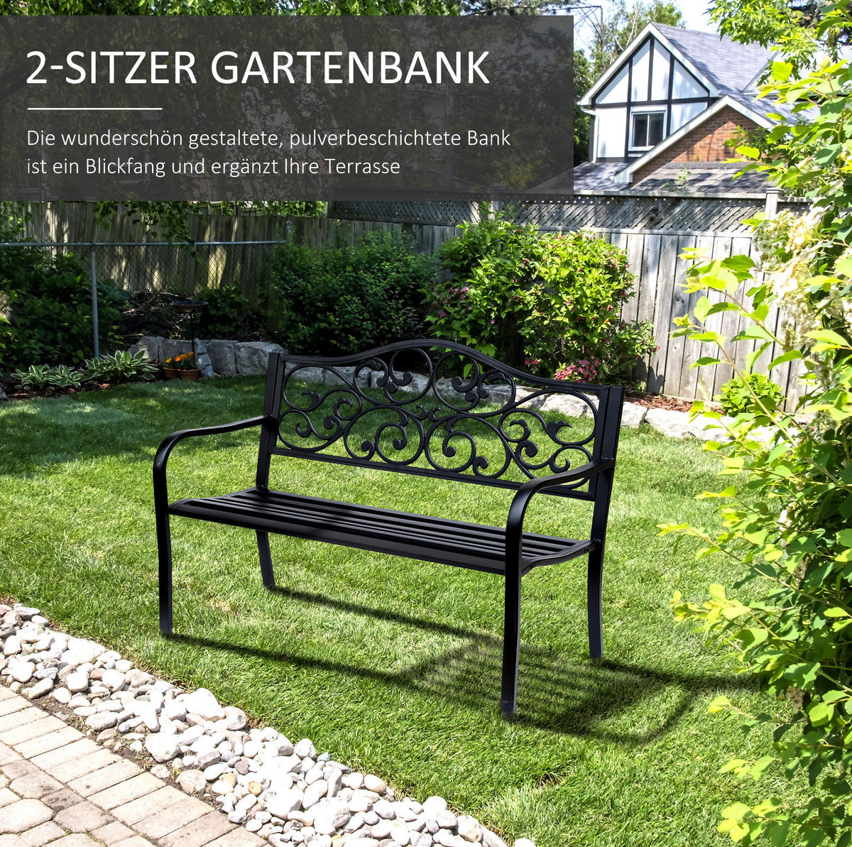 ZAHRADNÍ lavice 127/60/89 cm černá z oceli a litiny s područkami pro 3 osoby - černá, kov (60/89/127cm) - OKWISH