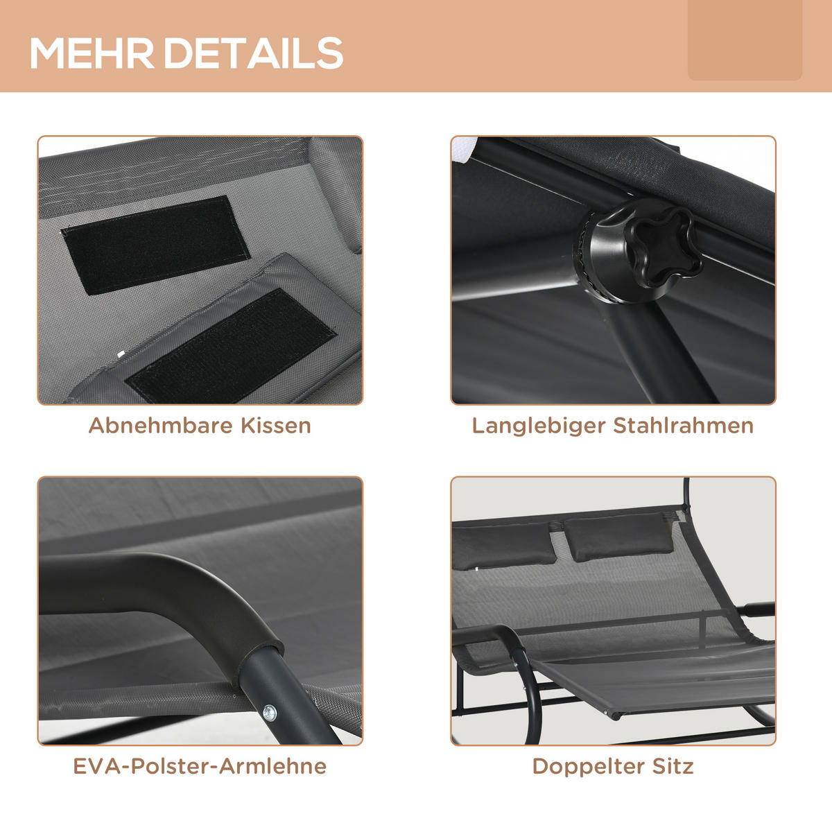 DOPPEL-SONNENLIEGE Gartenliege, mit Sonnendach, Rollen, Kopfkissen, Stahl, Dunkelgrau - Dunkelgrau, Kunststoff/Metall (139/140/200cm) - Outsunny