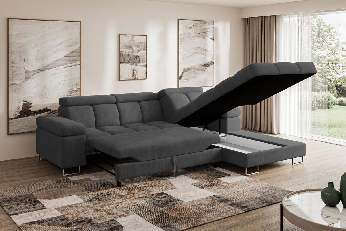 ECKSOFA mit Schlaffunktion Ottomane Rechts COMA L 271x203x79 Dunkelgrau Velours - Dunkelgrau, Holzwerkstoff/Textil (203/271cm) - ALTDECOR