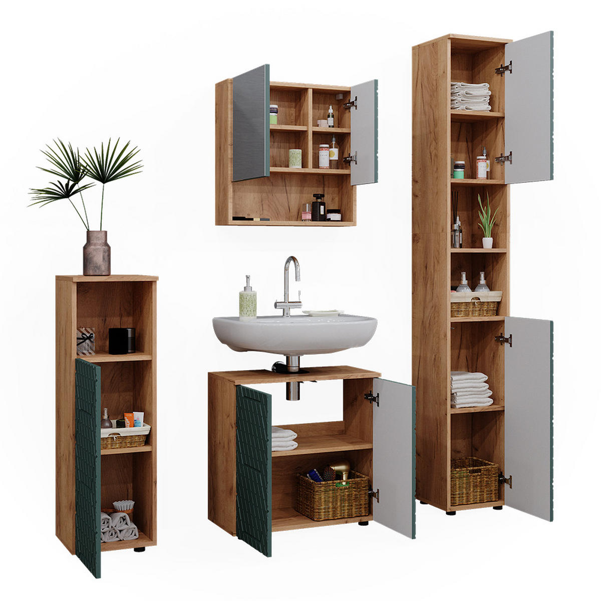 BADMÖBEL-SET Irma Grün 4 Teile, mit Hochschrank - Eiche Wotan/Grün, Holzwerkstoff (80/58.6/41cm) - Vicco