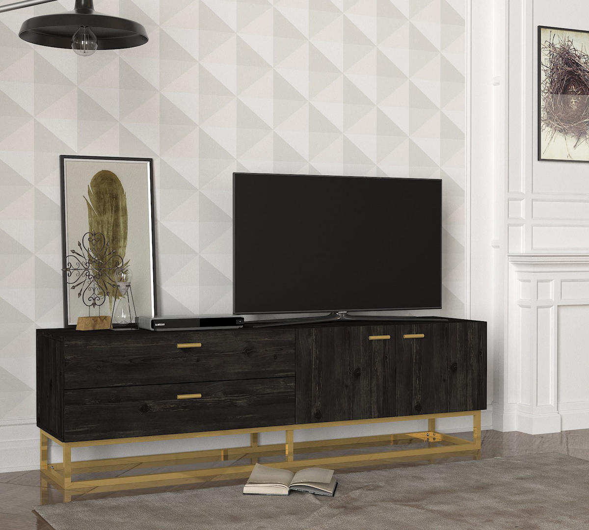 TV-LOWBOARD Theodora Rebab Gold mit Metall Füße - Dunkelgrau/Goldfarben, Holzwerkstoff/Metall (160/48/36.8cm) - moebel17