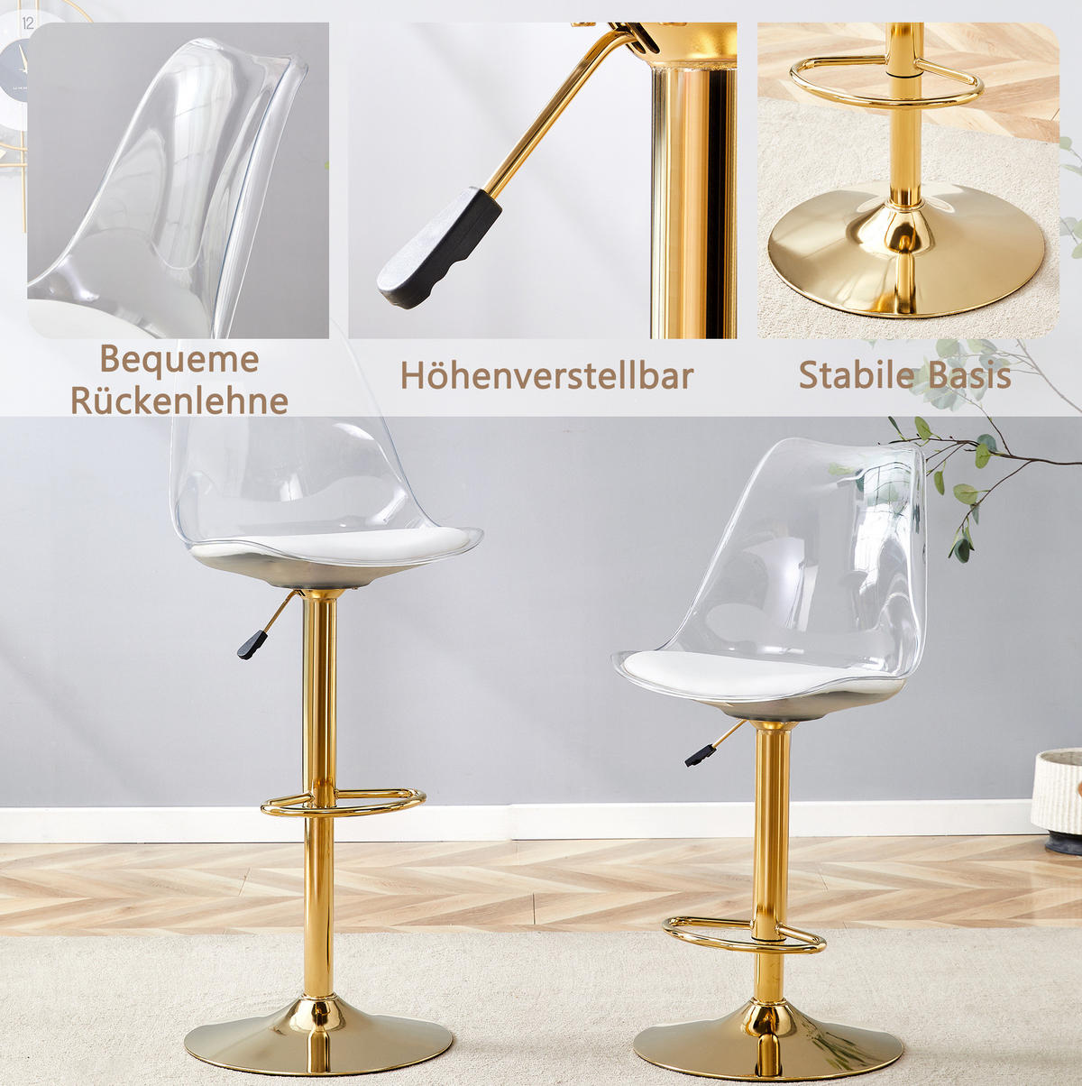 BARHOCKER 2er-Set höhenverstellbar drehbar Gold Transparent - Goldfarben, Metall (53.3/120/45.7cm) - Meubliv