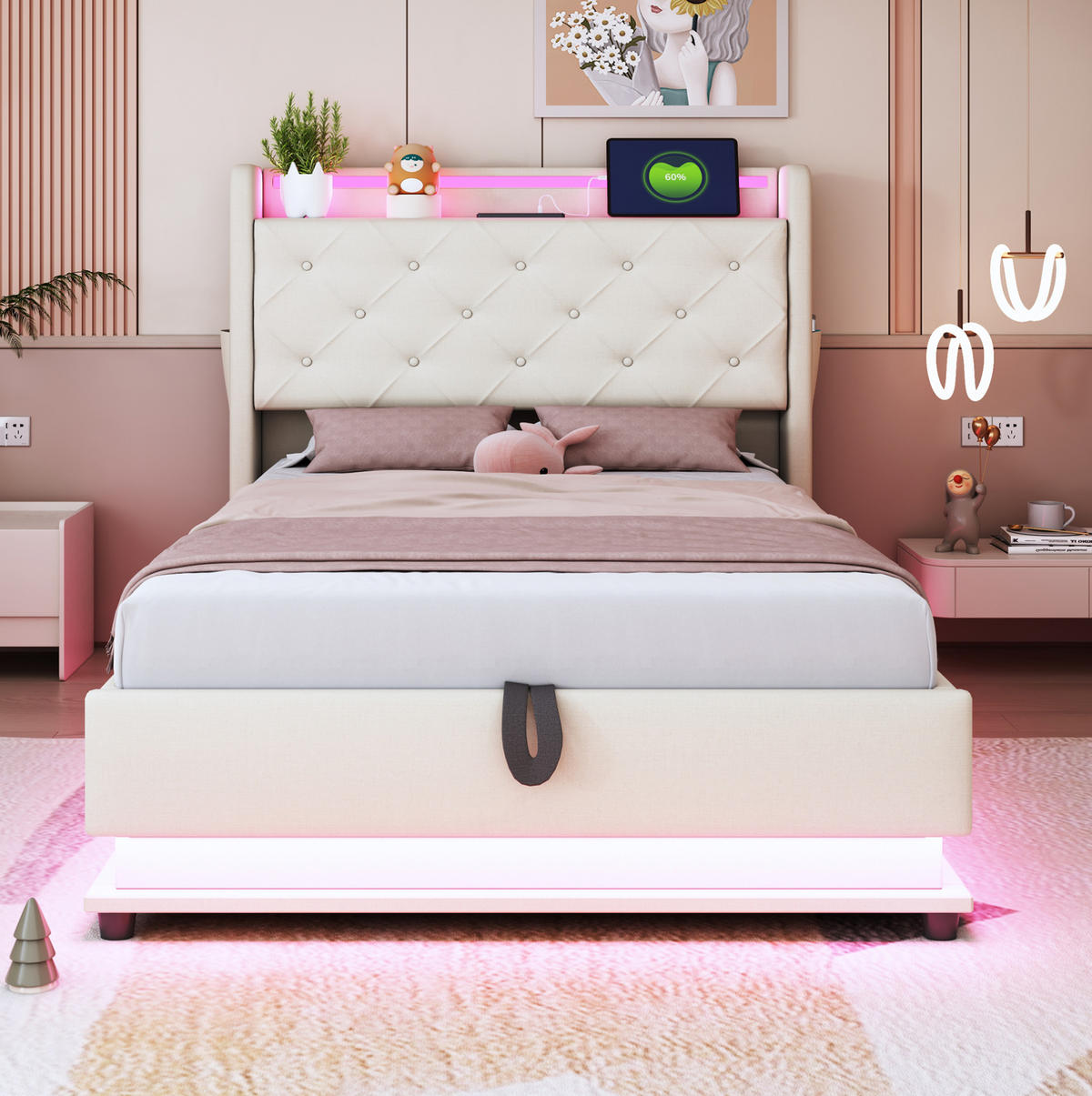 KINDEREINZELBETTEN aus Leinenstoff 90x200 cm in Beige mit LED & USB-Anschlüssen - Beige, Textil (90/200cm) - Modfu