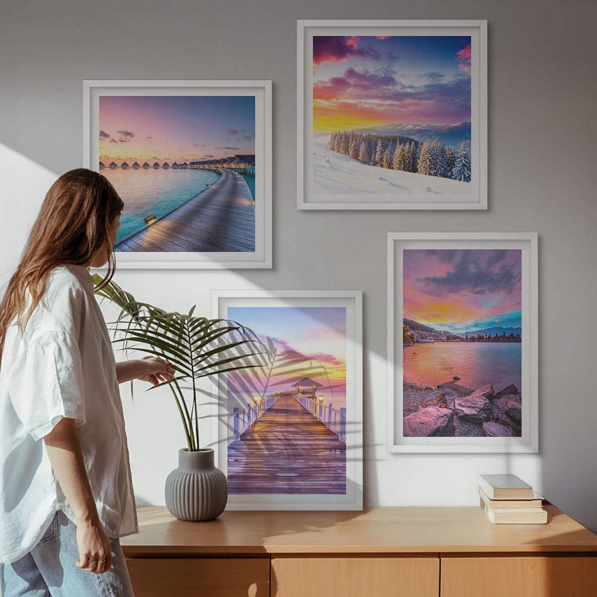 WANDBILDER 4er-Set - 50x50 cm & 40x60 cm Weißer Rahmen - Winterlandschaft des Pierbergs - Weiß, Kunststoff (50/50cm) - ArtPrintCave