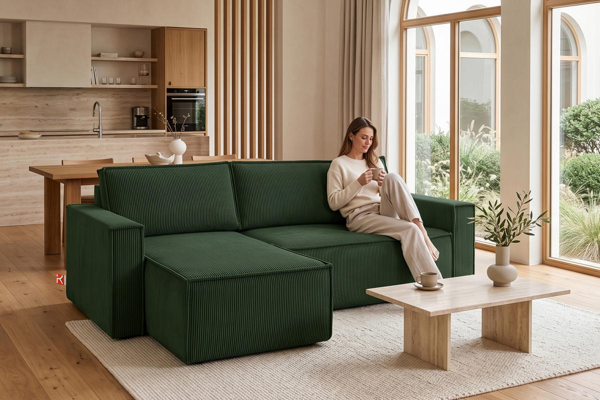 ECKSOFA-LINKS/RECHTS NAPI Schlaffunktion mit Cordbezug, dunkelgrün - Dunkelgrün/Schwarz, Textil (246/148cm) - KONSIMO®
