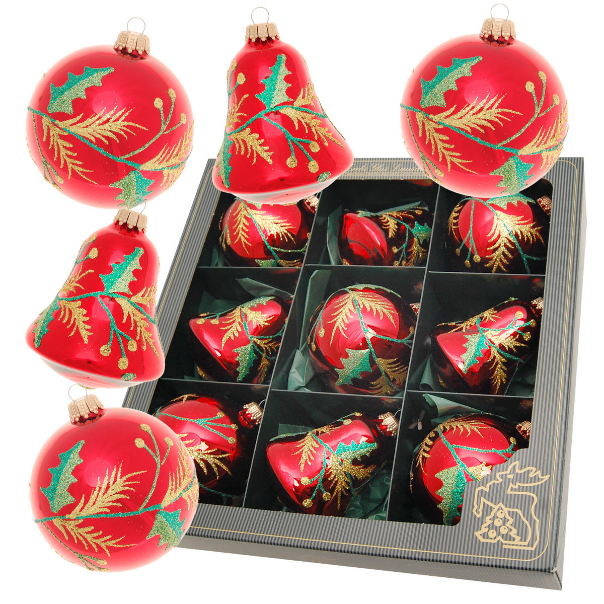 CHRISTBAUMSCHMUCK Ilex-Design Rot 8cm (Glas / 9 Stk.) - Rot, Glas (8/8/4cm) - Krebs Glas Lauscha