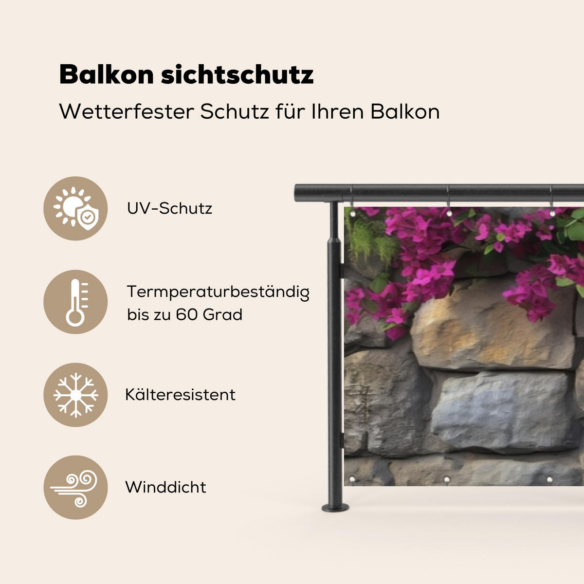 BALKON-SICHTSCHUTZ Bougainvillea - Steinmauer - Rosa - Magenta, Kunststoff (500/75cm) - MuchoWow