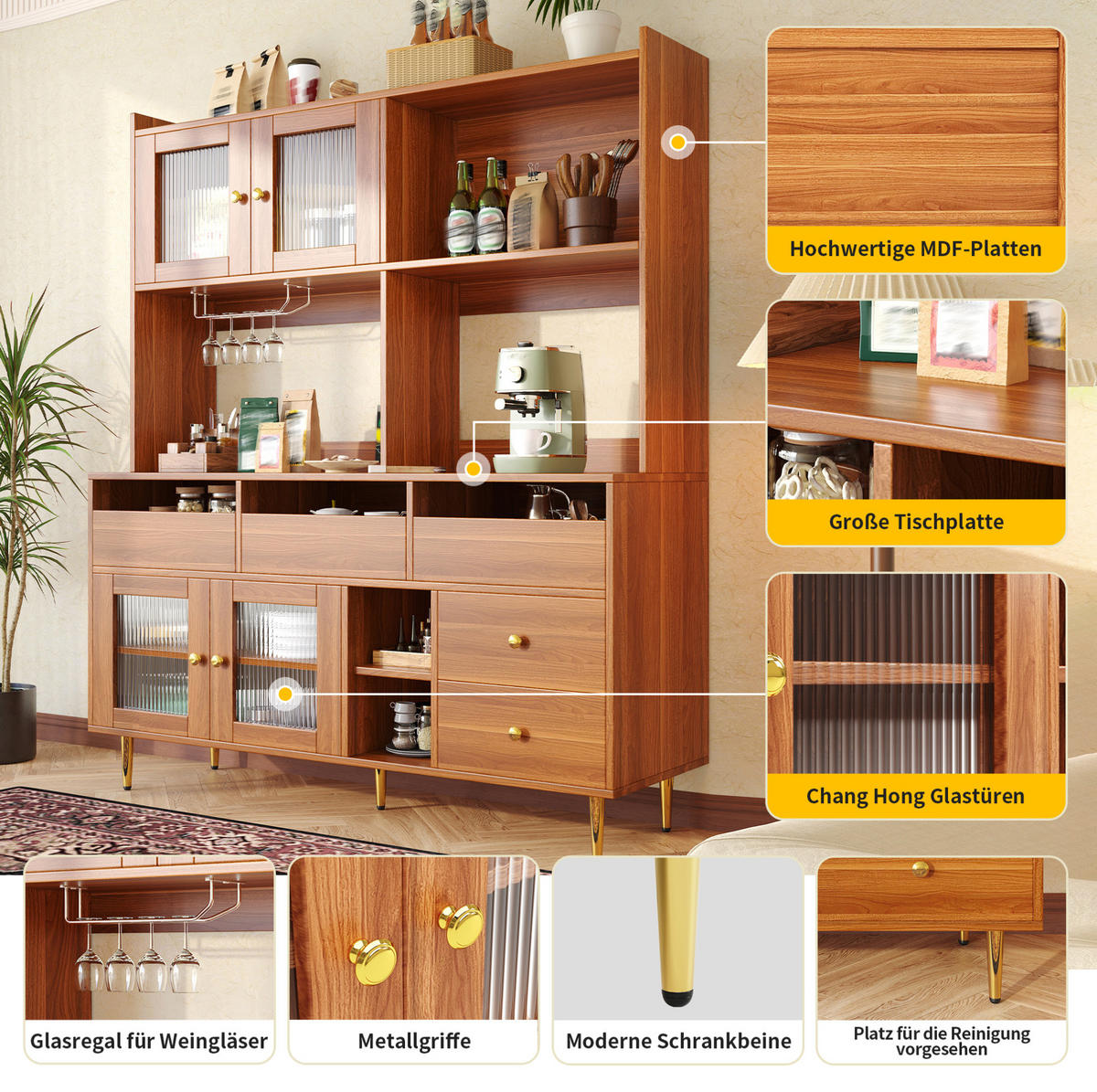 BUFFET 145/171/39 cm walnussfarben aus MDF mit Changhong-Glastür und Weinregal - Walnussfarben, Holzwerkstoff (39/171/145cm) - OKMYHOME