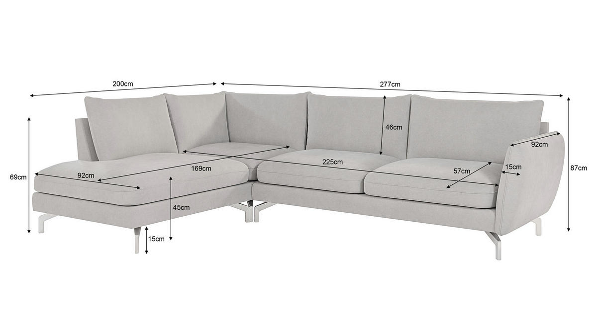 ECKSOFA Elou Silber Microfaser - Chromfarben/Silberfarben, Holz/Textil (277/200cm) - S-Style Möbel