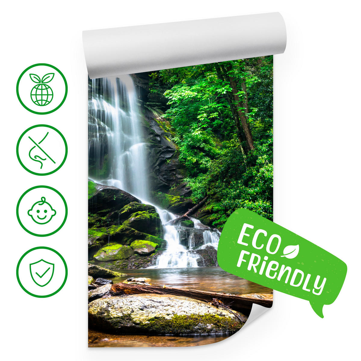 FOTOTAPETE Wasserfall im Dschungel Bäume Felsen 3D 450x315 - Braun/Weiß, Papier (450/315cm) - Muralo