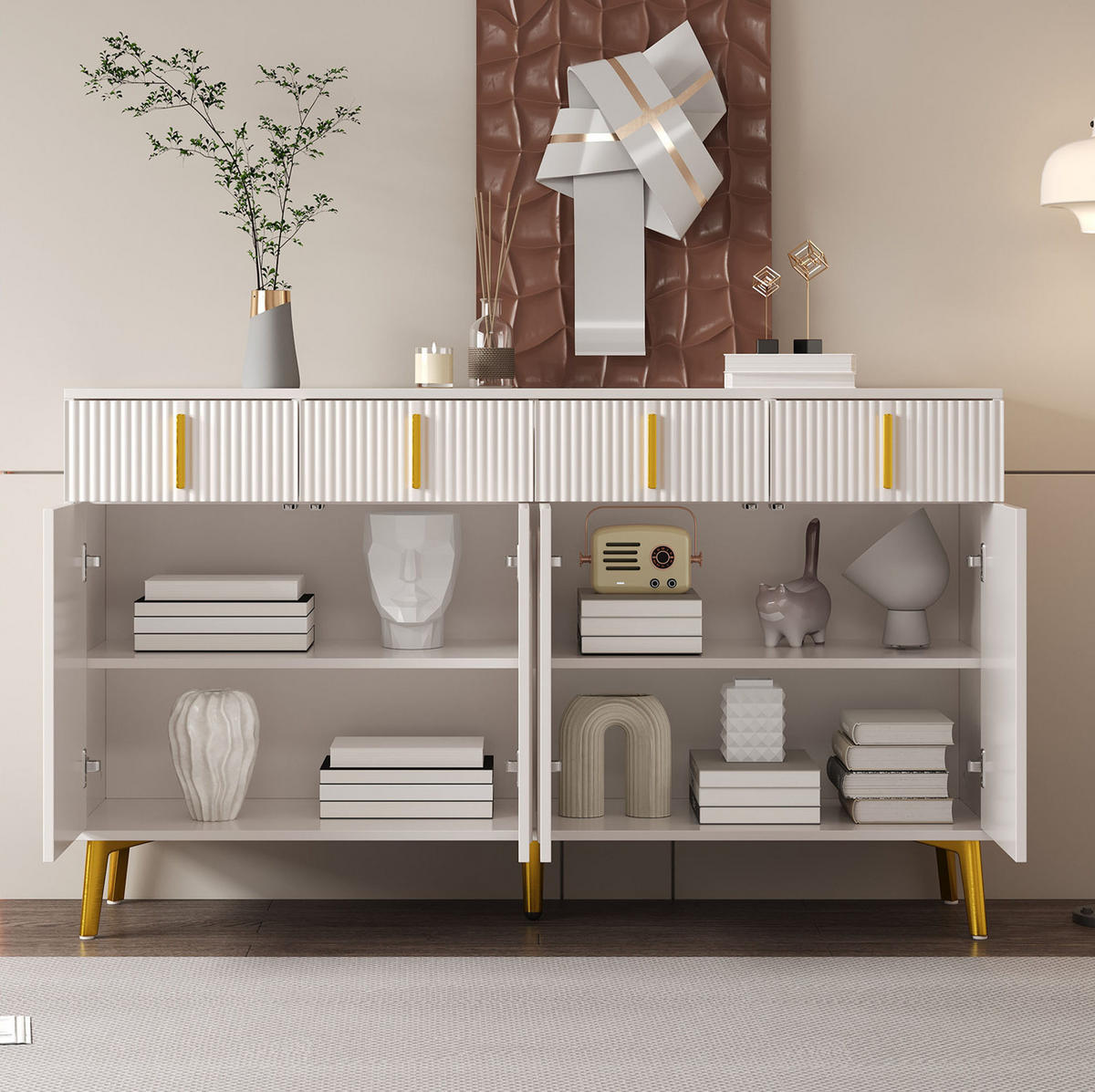 SIDEBOARD 140/38/82 cm aus MDF mit 4 Türen, 4 Schubladen und goldfarbenen Beinen Weiß - Weiß, Holzwerkstoff (140/82/38cm) - Modenvie