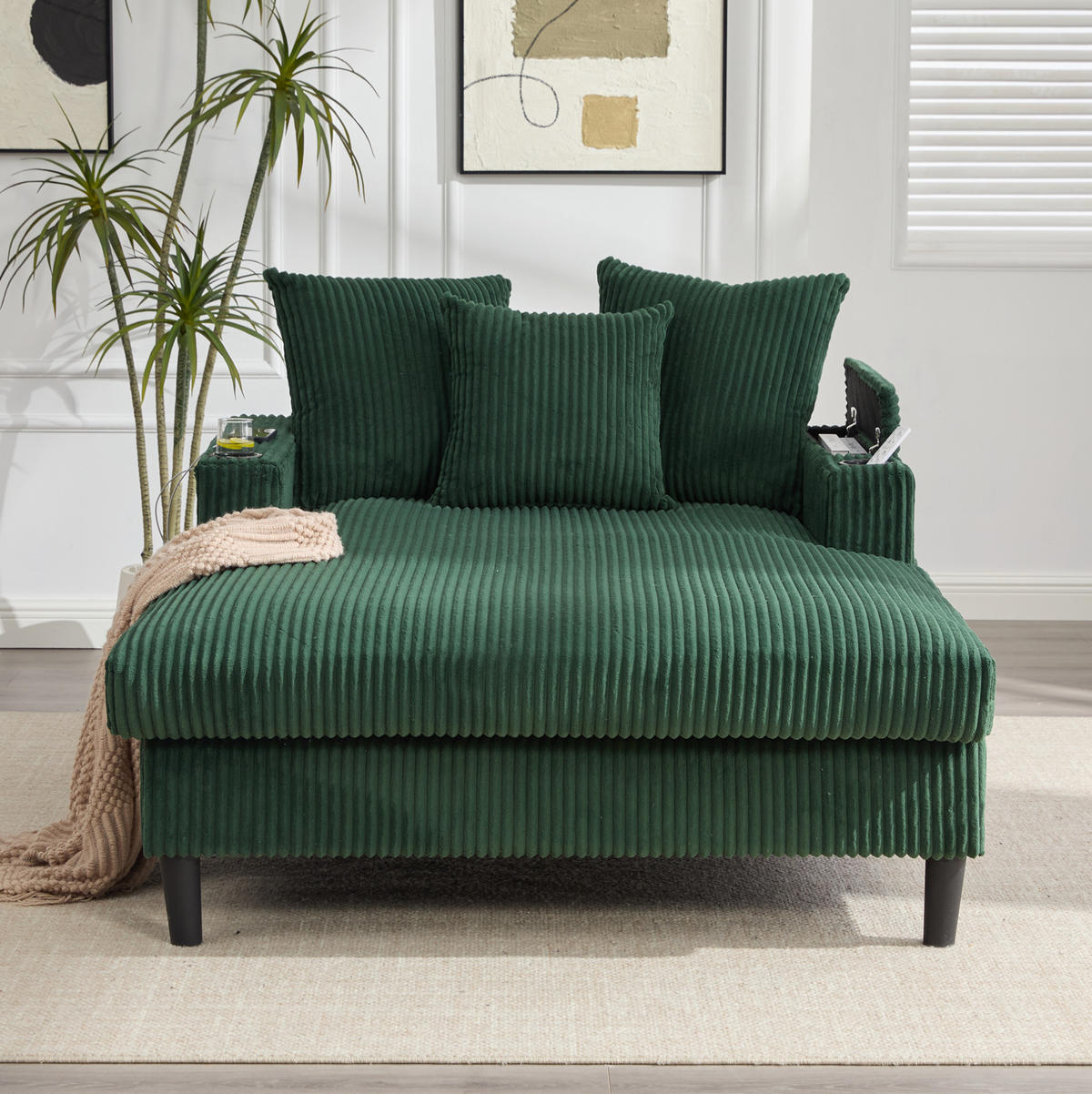 CHAISELONGUE mit LED, USB und Stauraum 129 x 170 cm Cord Emerald - Smaragdgrün, Holz (170/70/129cm) - Meubliv
