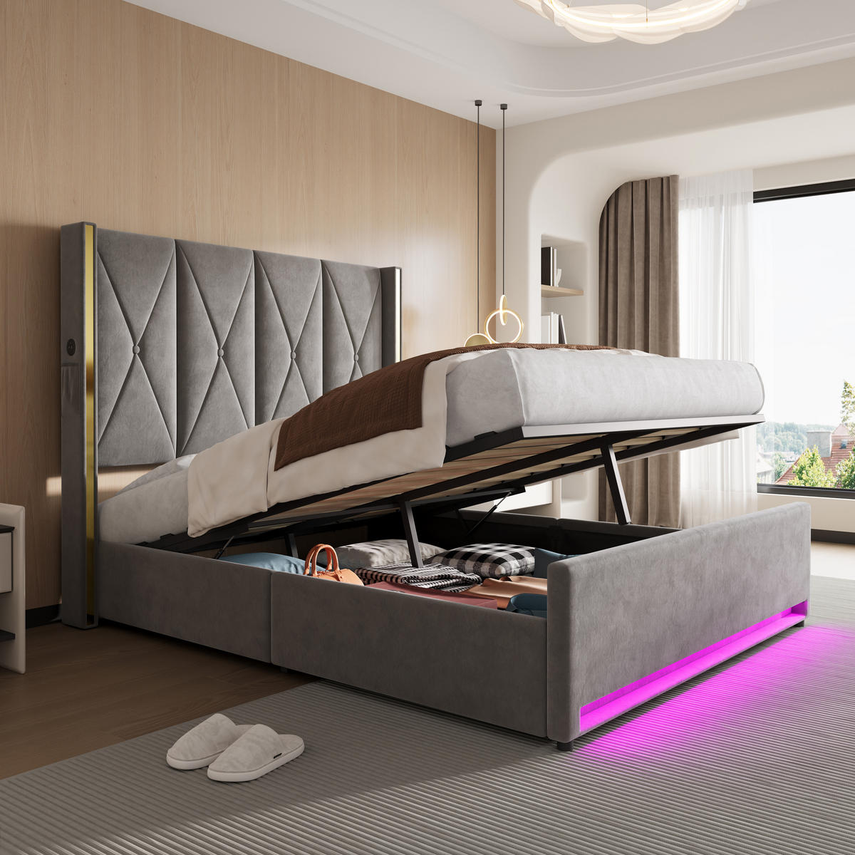 POLSTERBETT Doppelbett 160x200cm mit Stauraum, LED und USB-C, Hydraulisches Funktionsbett, Dunkelgrau - Dunkelgrau, Holz/Textil (160/200cm) - LVHOM