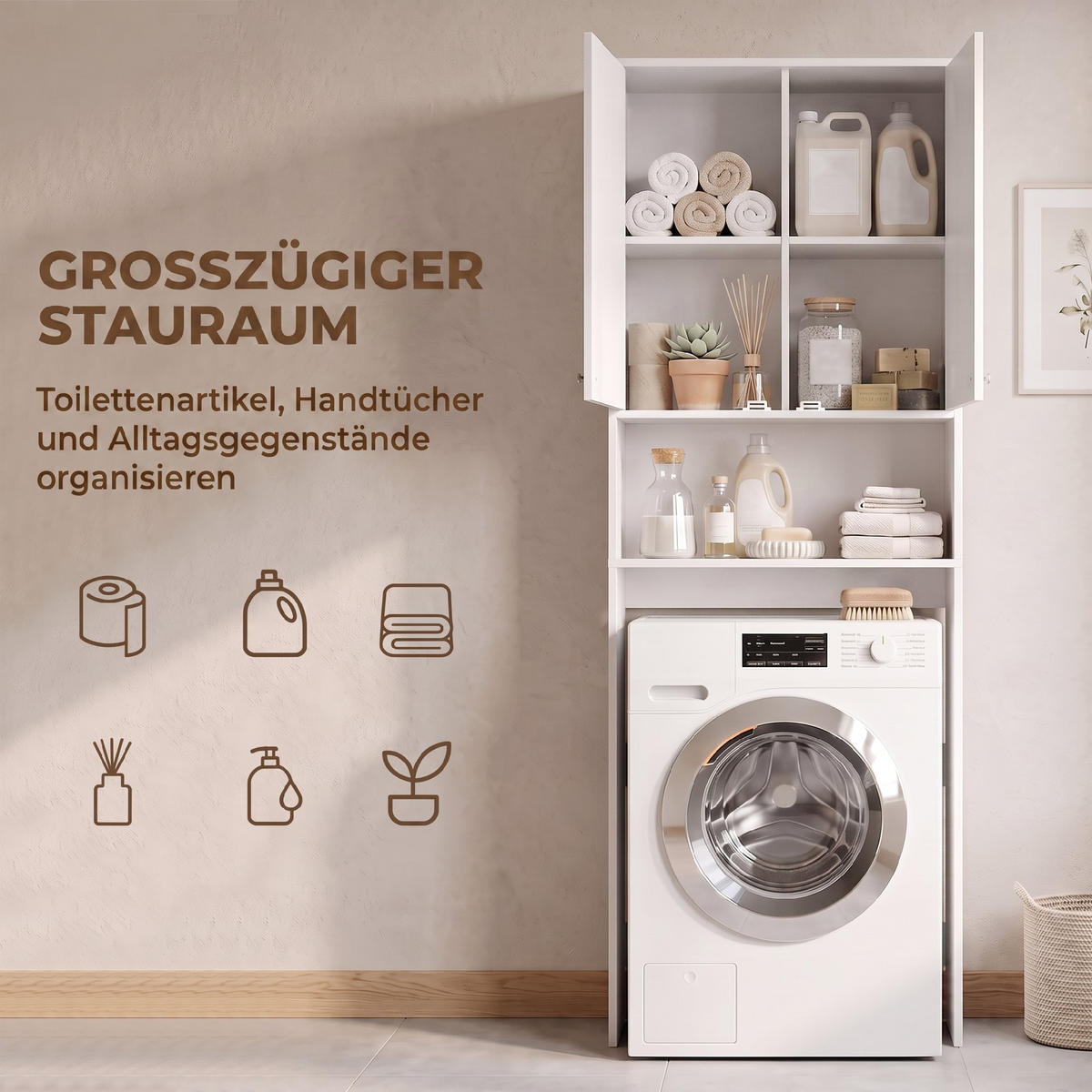 SKÅP för tvättmaskin, spånskiva, vit - Vit/Silverfärgad, Träbaserade material/Plast (24/191/66cm) - HOMCOM