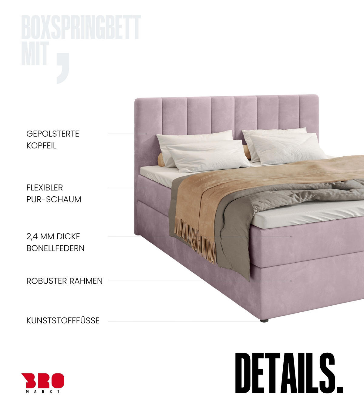BOXBETT Denver mit Topper 160/200 Rosa - Rosa, Holzwerkstoff/Textil (160/200cm) - Bromarkt