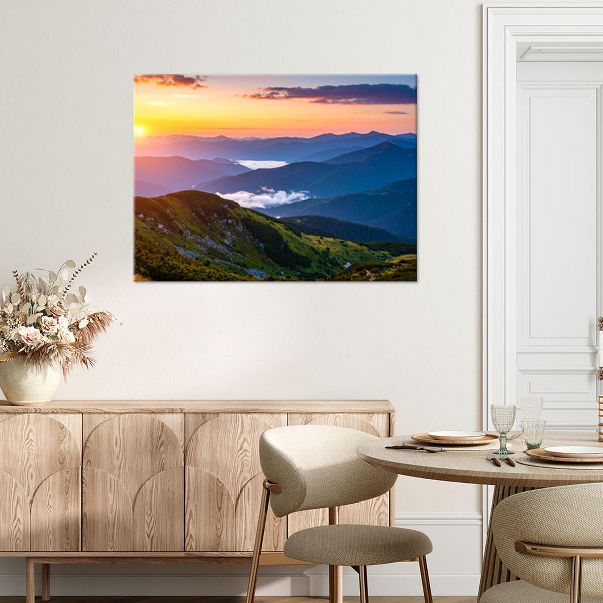 LEINWANDBILD Berglandschaft Sonnenuntergang 120x80cm - Multicolor, Textil (120/80cm) - Feeby