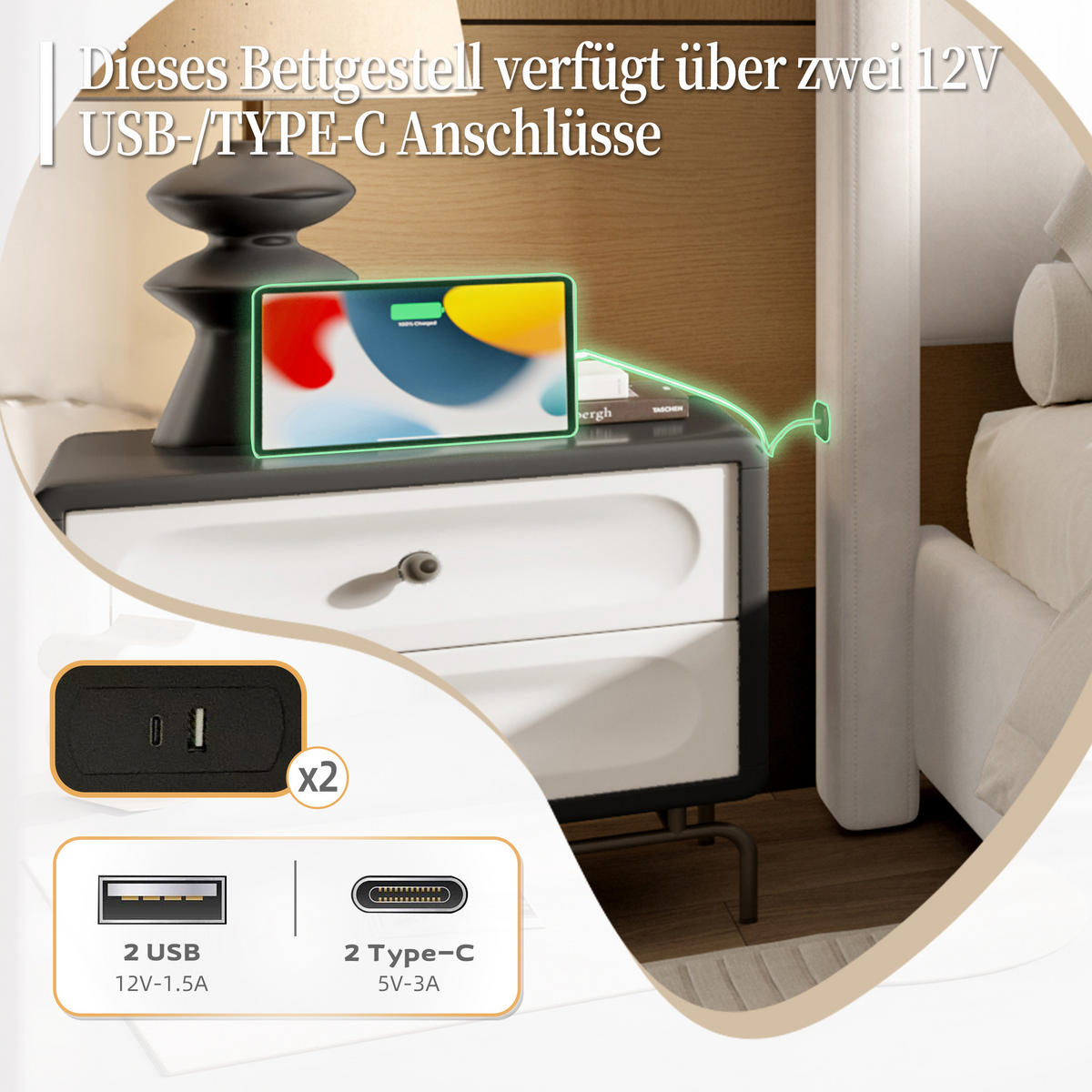 POLSTERBETT 140x200 cm USB beige - Beige, Textil (140/200cm) - LEBENLANG