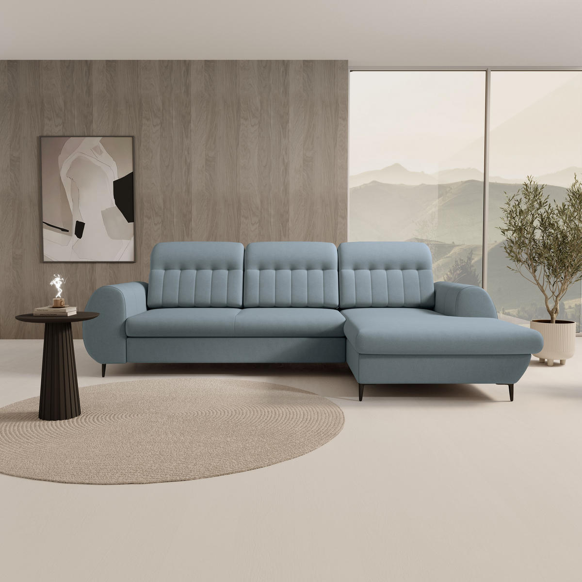ECKSOFA PURO R-S Blau Plüsch-Stoff mit Schlaffunktion - Blau, Holz (275/166cm) - MASSENO