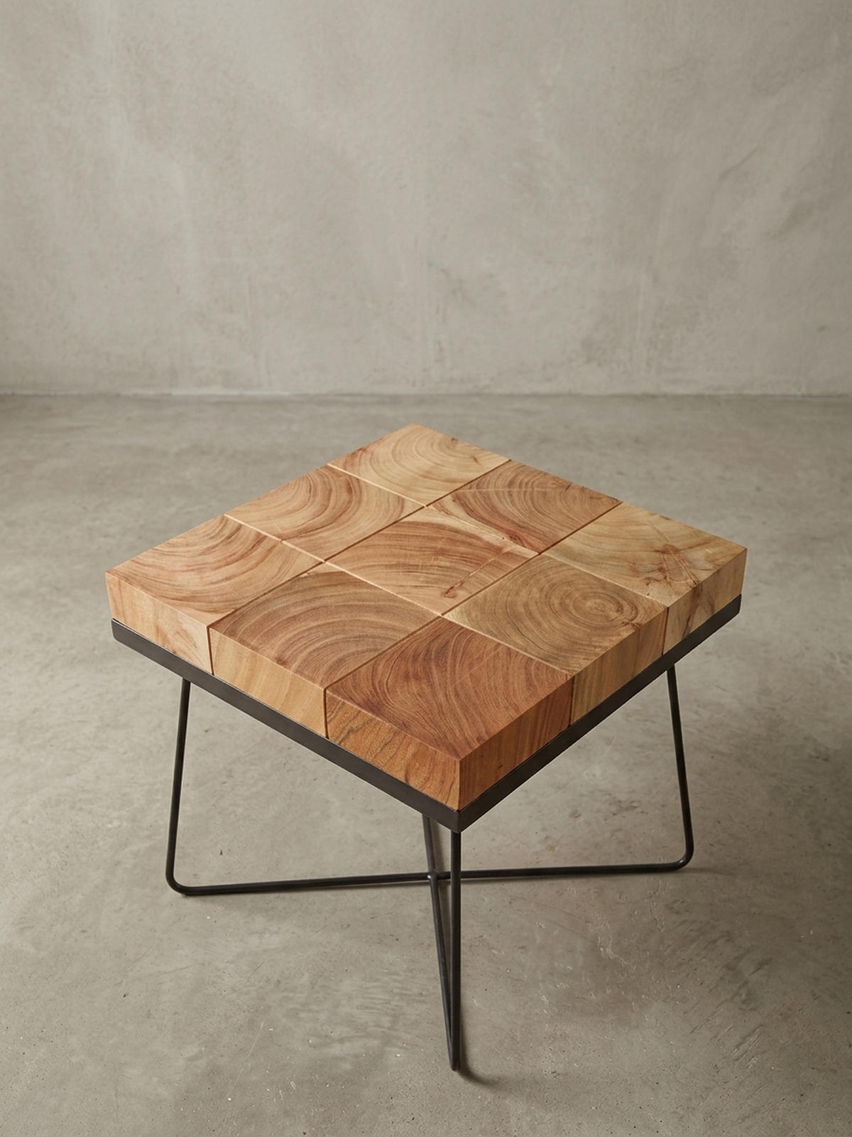 BEISTELLTISCH – Quadratisch Akazie Massivholz Metallgestell Industrial - Beige/Schwarz, Holz/Metall (45/45/51cm) - KADIMA DESIGN