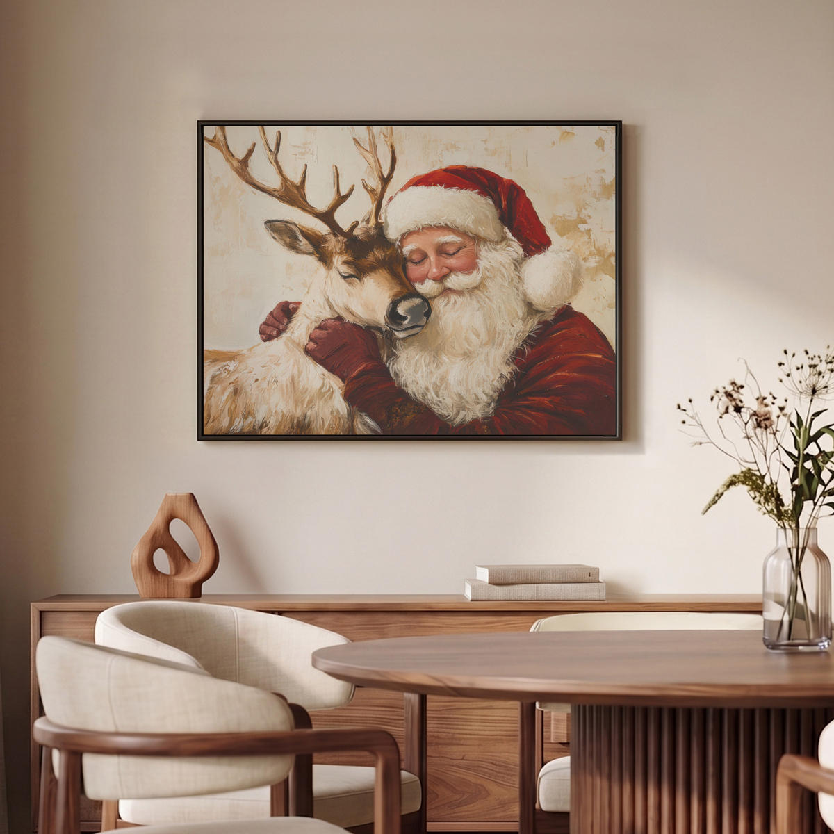 LEINWAND Bilder mit Rahmen - Weihnachtsmann - Rentier - Weihnachten - 80x60 - Rotbraun, Textil (80/60cm) - MuchoWow