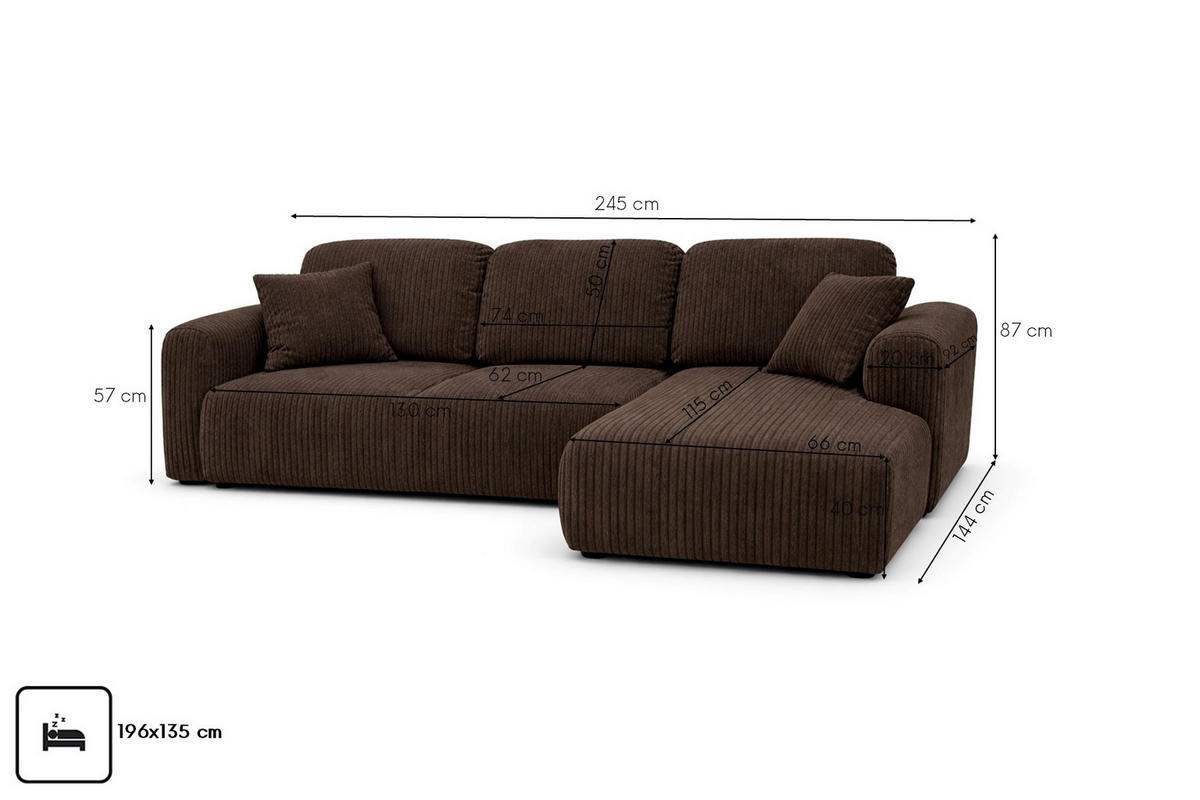 ECKSOFA Mit Schlaffunktion Und Bettkasten, Sofa L-Form Bingo L, Cordstoff Poso, Braun, Rechts - Braun, Holz (245/144cm) - Kaiser Möbel