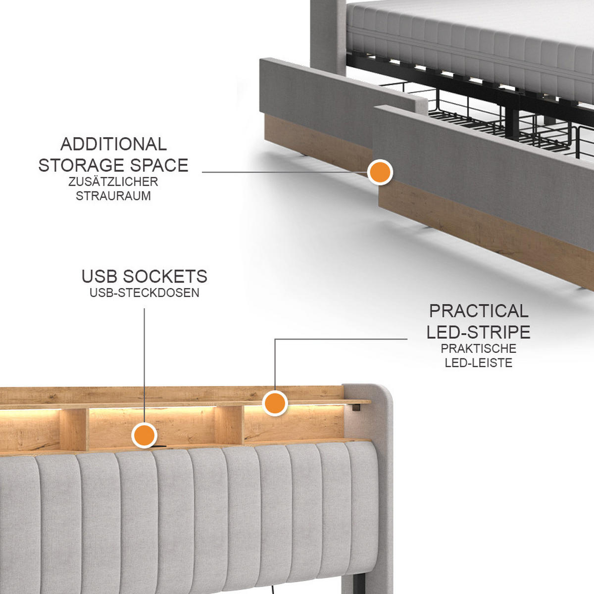 ČALOUNĚNÁ POSTEL Nura Šedá - šedá/barva dubu, kompozitní dřevo - VitaliSpa