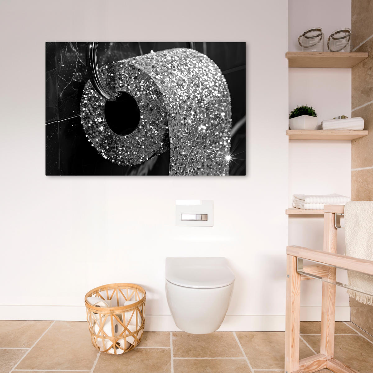 LEINWANDBILD WC - Toilettenpapier - Schwarz und weiß - Glitter Wohnzimmer 120x80 cm - Silberfarben, Textil (120/80cm) - MuchoWow