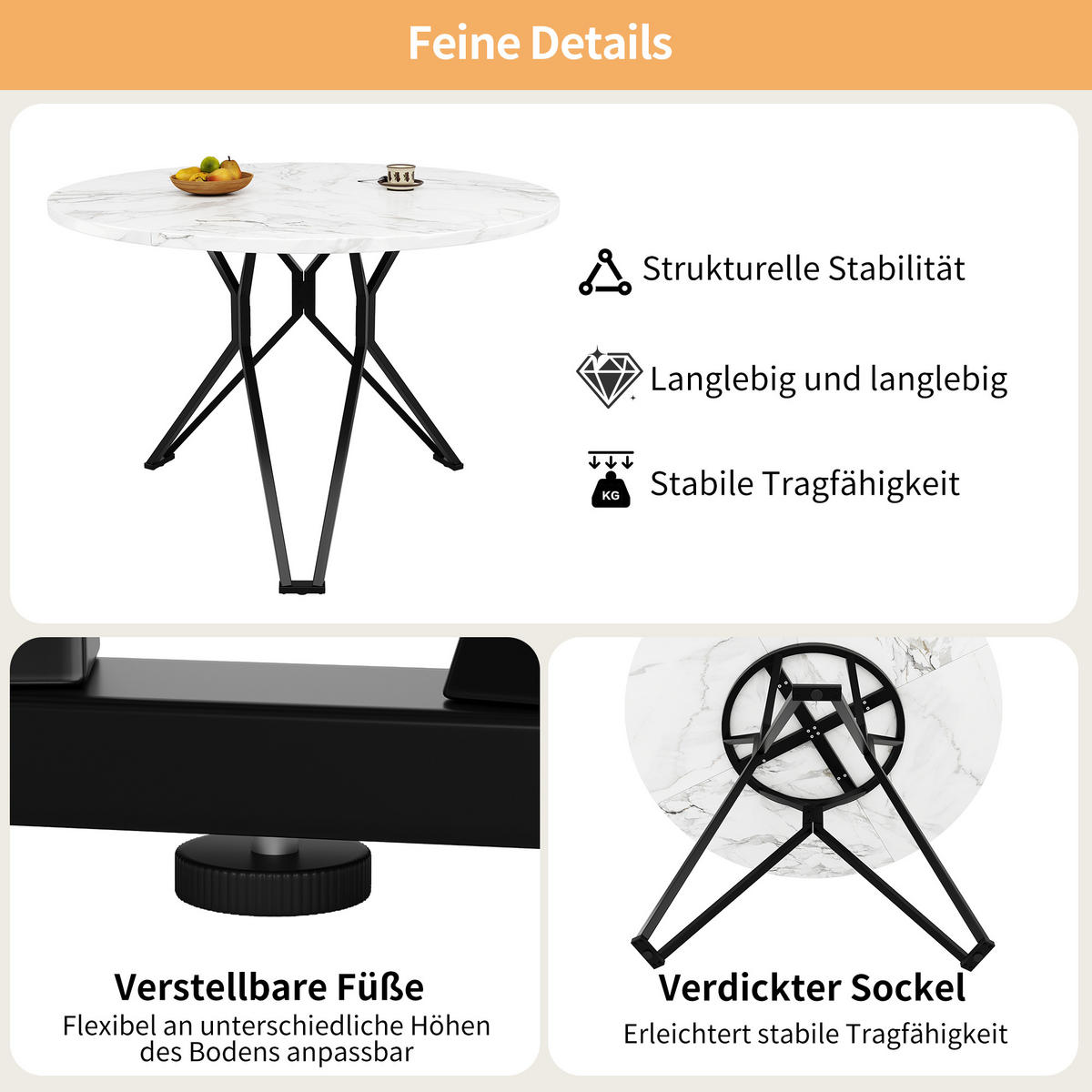 ESSTISCH 100/100/76 cm Schwarz runder Tisch mit MDF-Tischplatte in Marmoroptik und Metallgestell - Schwarz, Holzwerkstoff (100/100/76cm) - OKWISH