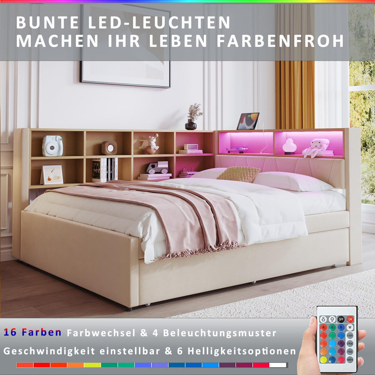 SCHLAFSOFA 140x200 cm mit Ausziehbett, LED und Stauraum, Beige - Beige, Textil (213/98/153cm)