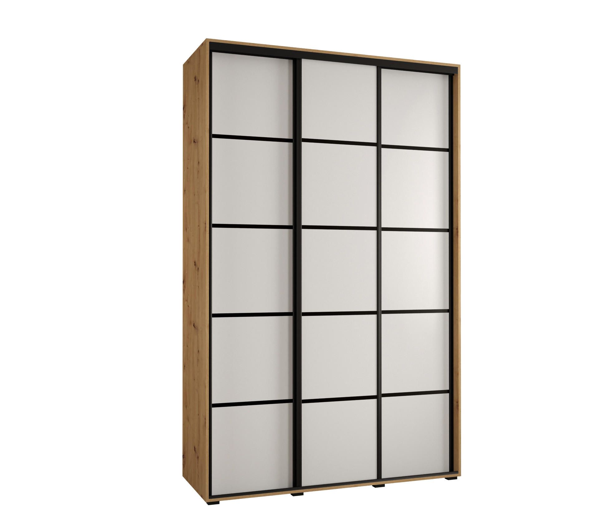 Abiks Möbel Schwebetürenschrank Eiche Artisan, Weiß, Schwarz 150x235x45 cm