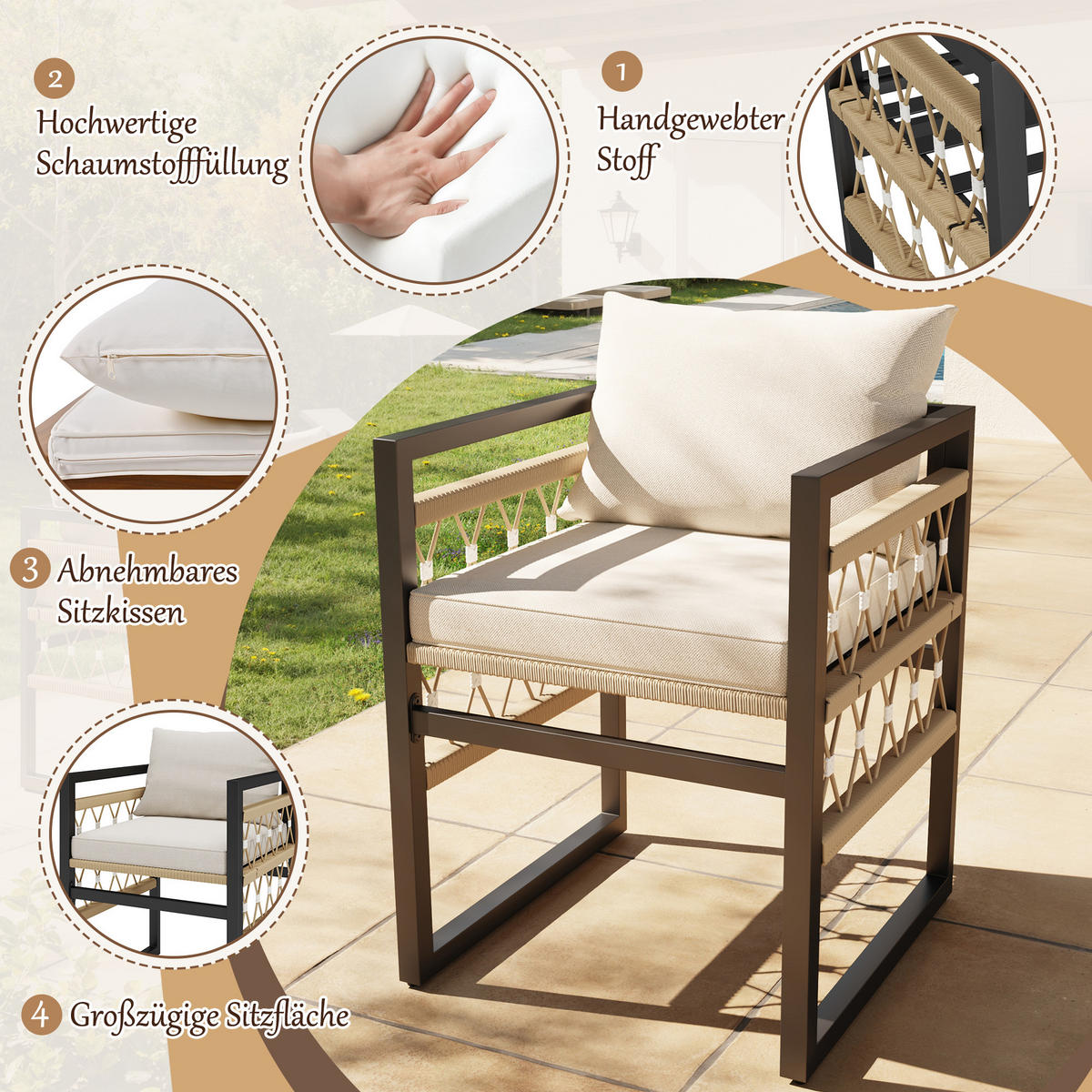 GARTENSET 4 Personen Beige Inkl. Glastisch & 4 Sesseln - Beige, Metall - FLIEKS